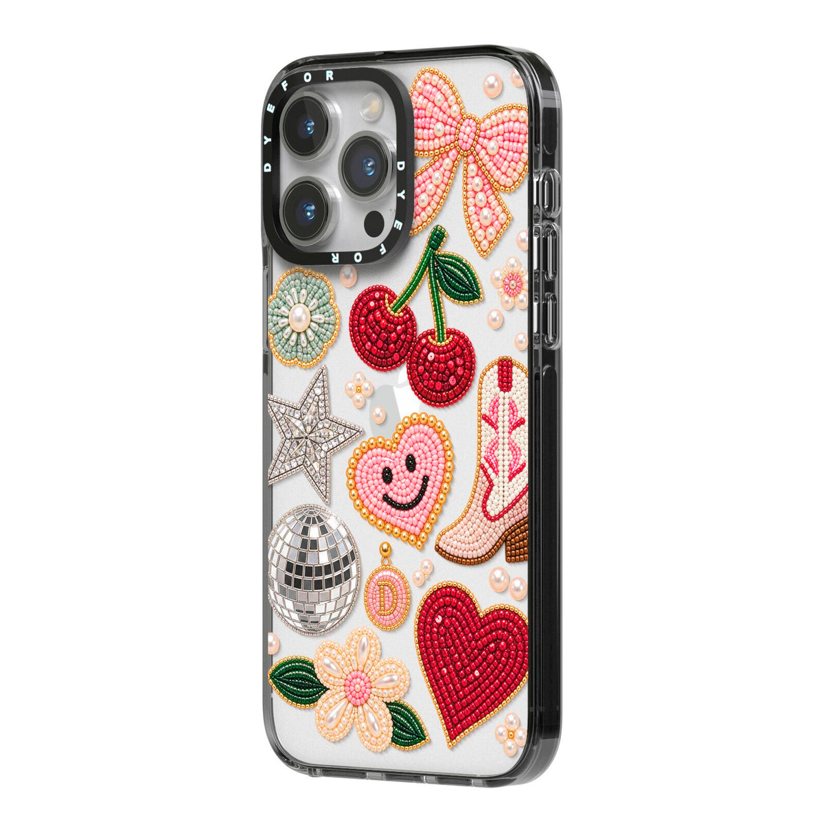 Cowgirl Keepsakes Beaded Charms iPhone 14 Pro Max Black Impact Case Side Angle on Silver phone