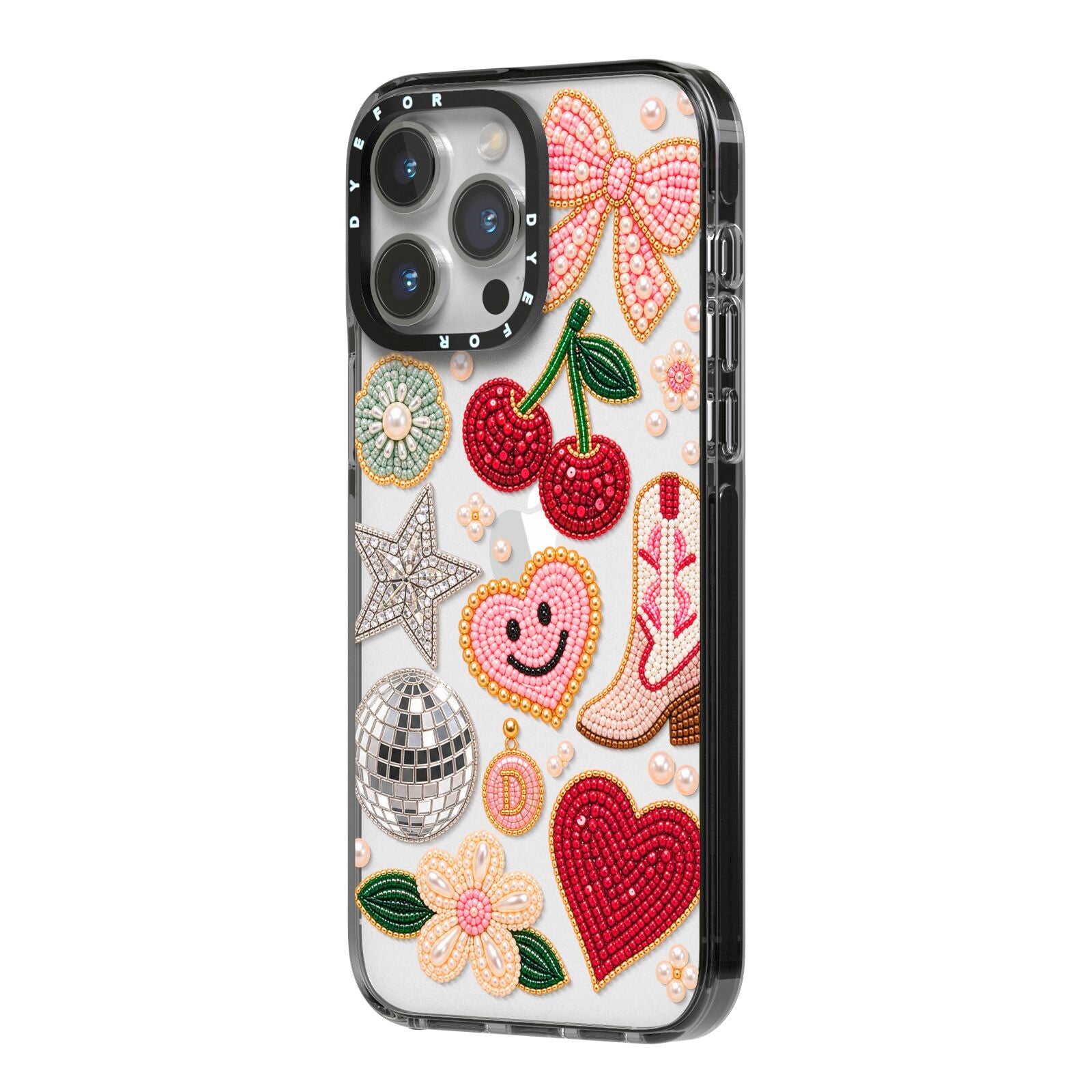 Cowgirl Keepsakes Beaded Charms iPhone 14 Pro Max Black Impact Case Side Angle on Silver phone