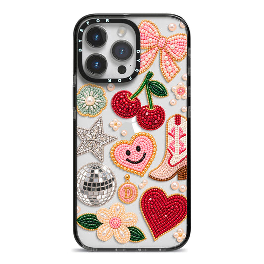 Cowgirl Keepsakes Beaded Charms iPhone 14 Pro Max Black Impact Case on Silver phone