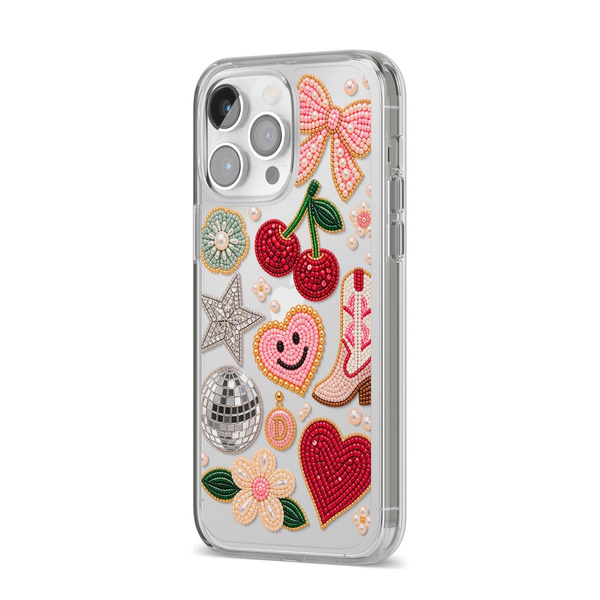 Cowgirl Keepsakes Beaded Charms iPhone 14 Pro Max Clear Tough Case Silver Angled Image
