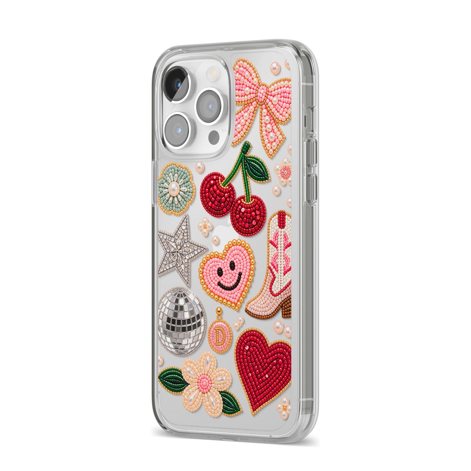 Cowgirl Keepsakes Beaded Charms iPhone 14 Pro Max Clear Tough Case Silver Angled Image