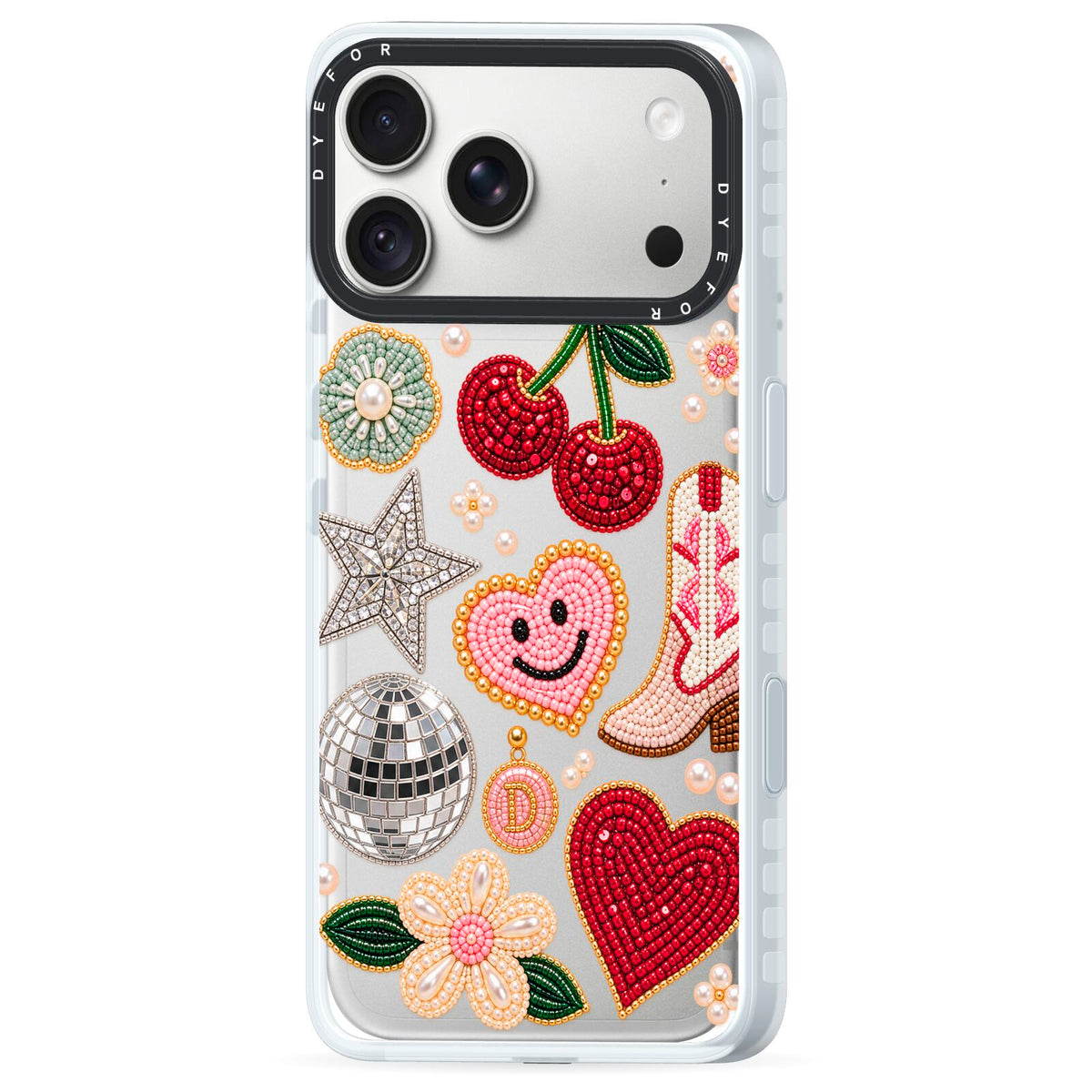 Cowgirl Keepsakes Beaded Charms iPhone 18 Pro Max Black Impact Pre order Case Side Angle on Silver phone