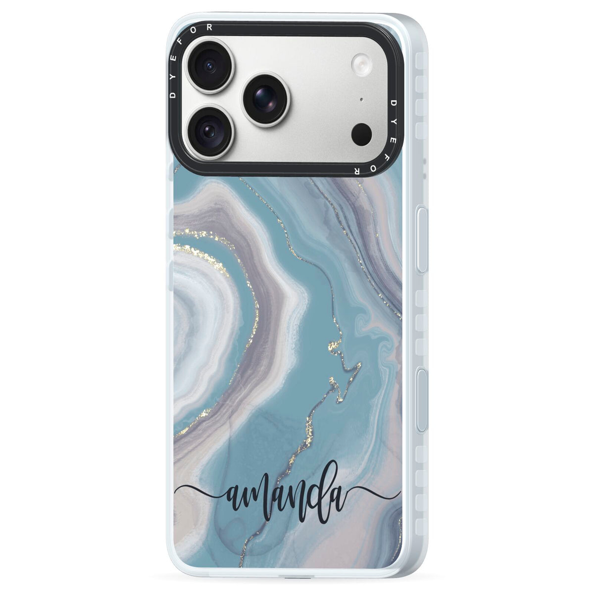 Custom Agate iPhone 18 Pro Black Impact Pre order Case Side Angle on Silver phone
