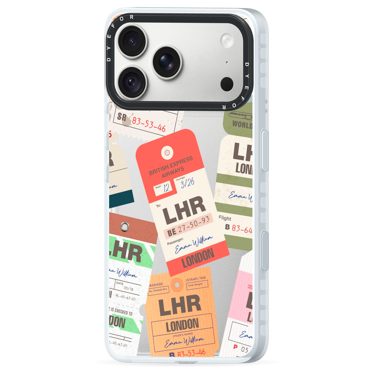 Custom Baggage Tag Collage iPhone 18 Pro Max Black Impact Pre order Case Side Angle on Silver phone