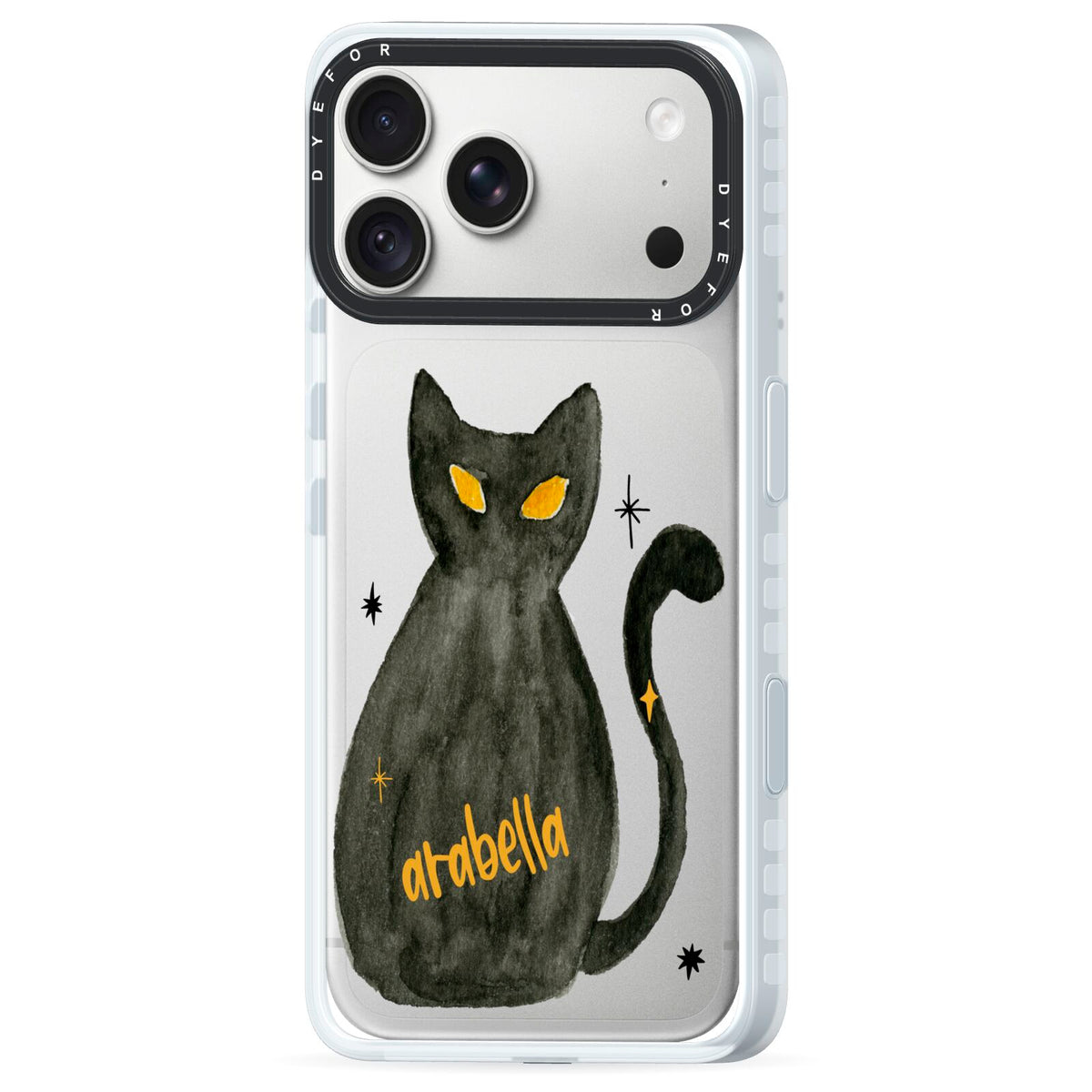 Custom Black Cat iPhone 18 Pro Black Impact Pre order Case Side Angle on Silver phone