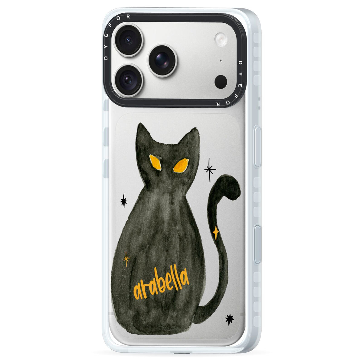 Custom Black Cat iPhone 18 Pro Max Black Impact Pre order Case Side Angle on Silver phone