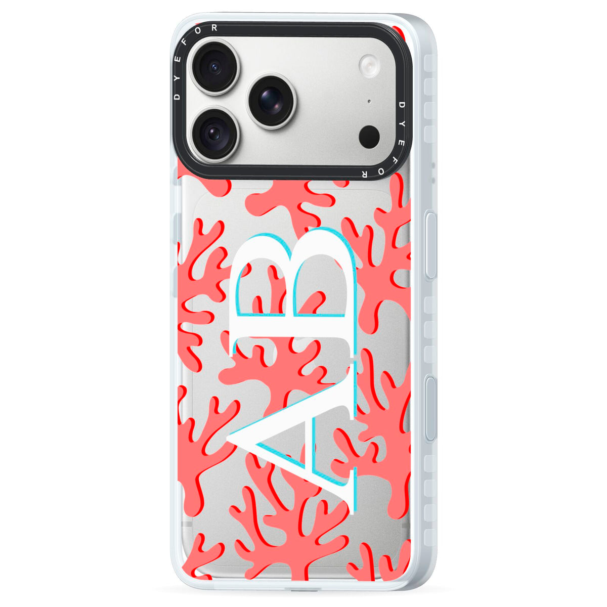 Custom Coral Initials iPhone 18 Pro Max Black Impact Pre order Case Side Angle on Silver phone