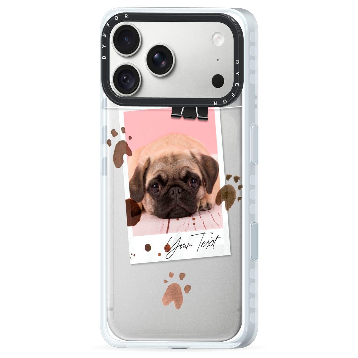 Custom Dog Picture with Name iPhone 18 Pro Black Impact Pre order Case Side Angle on Silver phone