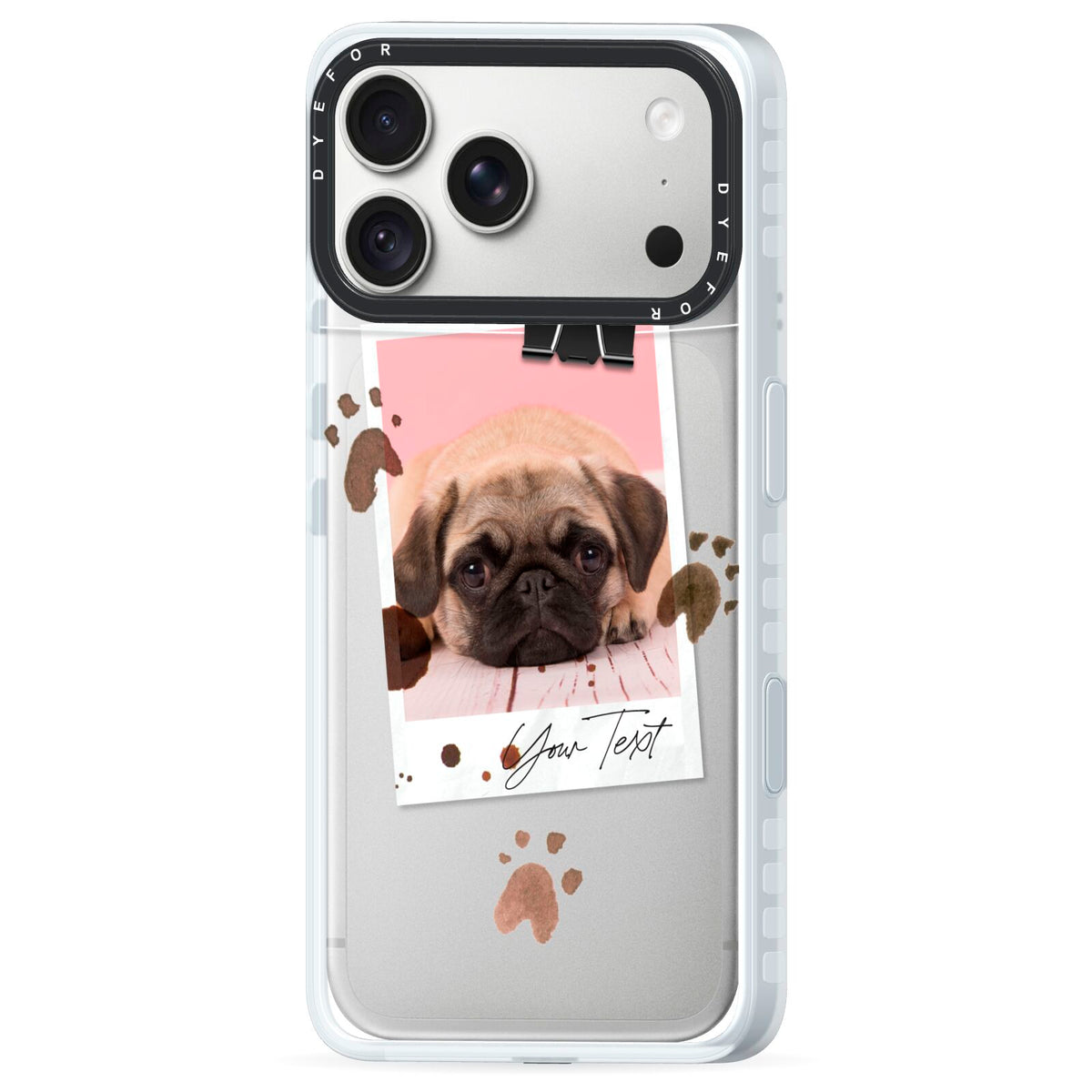 Custom Dog Picture with Name iPhone 18 Pro Max Black Impact Pre order Case Side Angle on Silver phone