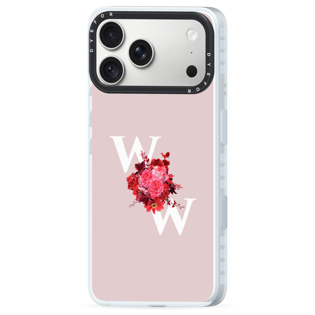 Custom Dual Initial Floral iPhone 18 Pro Black Impact Pre order Case Side Angle on Silver phone