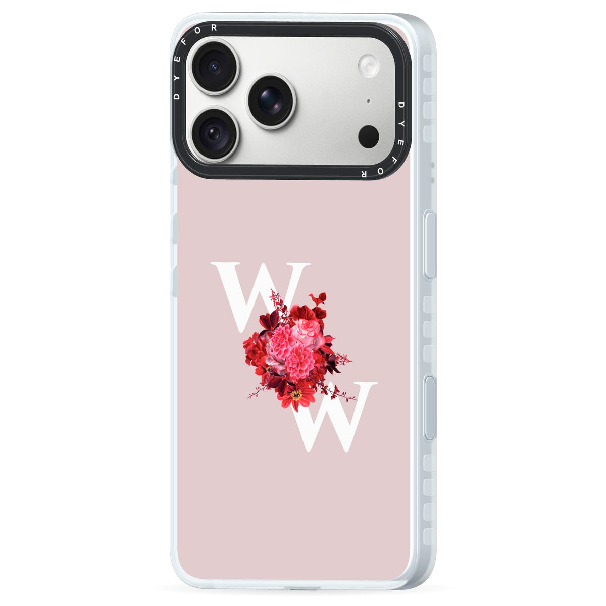 Custom Dual Initial Floral iPhone 18 Pro Max Black Impact Pre order Case Side Angle on Silver phone