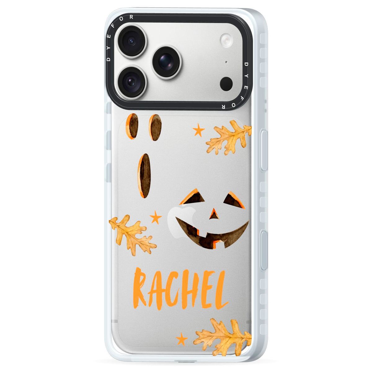 Custom Halloween Pumpkin Face iPhone 18 Pro Max Black Impact Pre order Case Side Angle on Silver phone