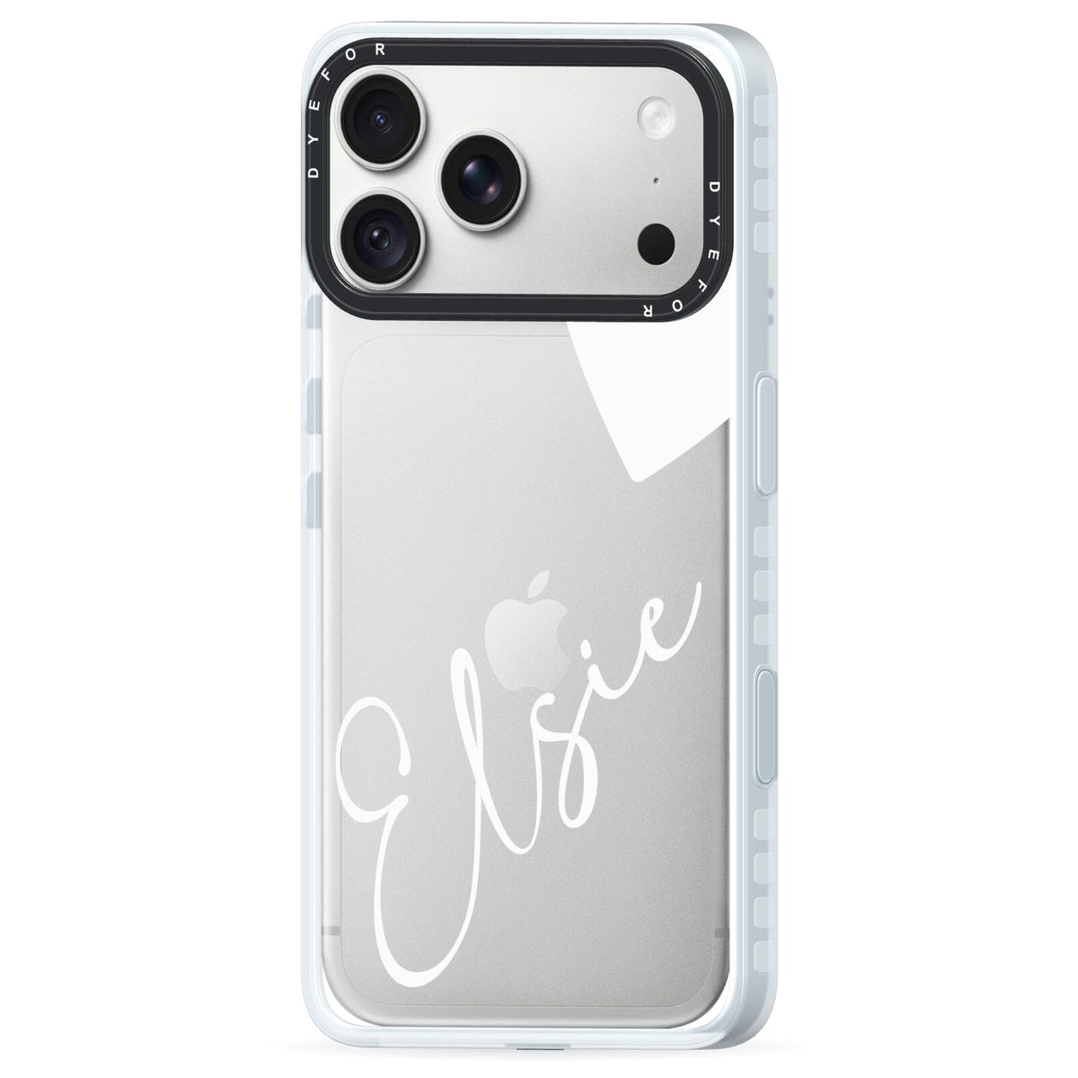 Custom Name Heart iPhone 18 Pro Black Impact Pre order Case Side Angle on Silver phone