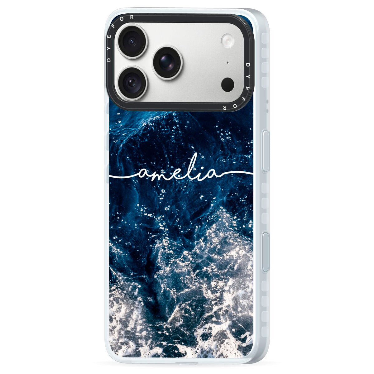 Custom Sea iPhone 18 Pro Black Impact Pre order Case Side Angle on Silver phone