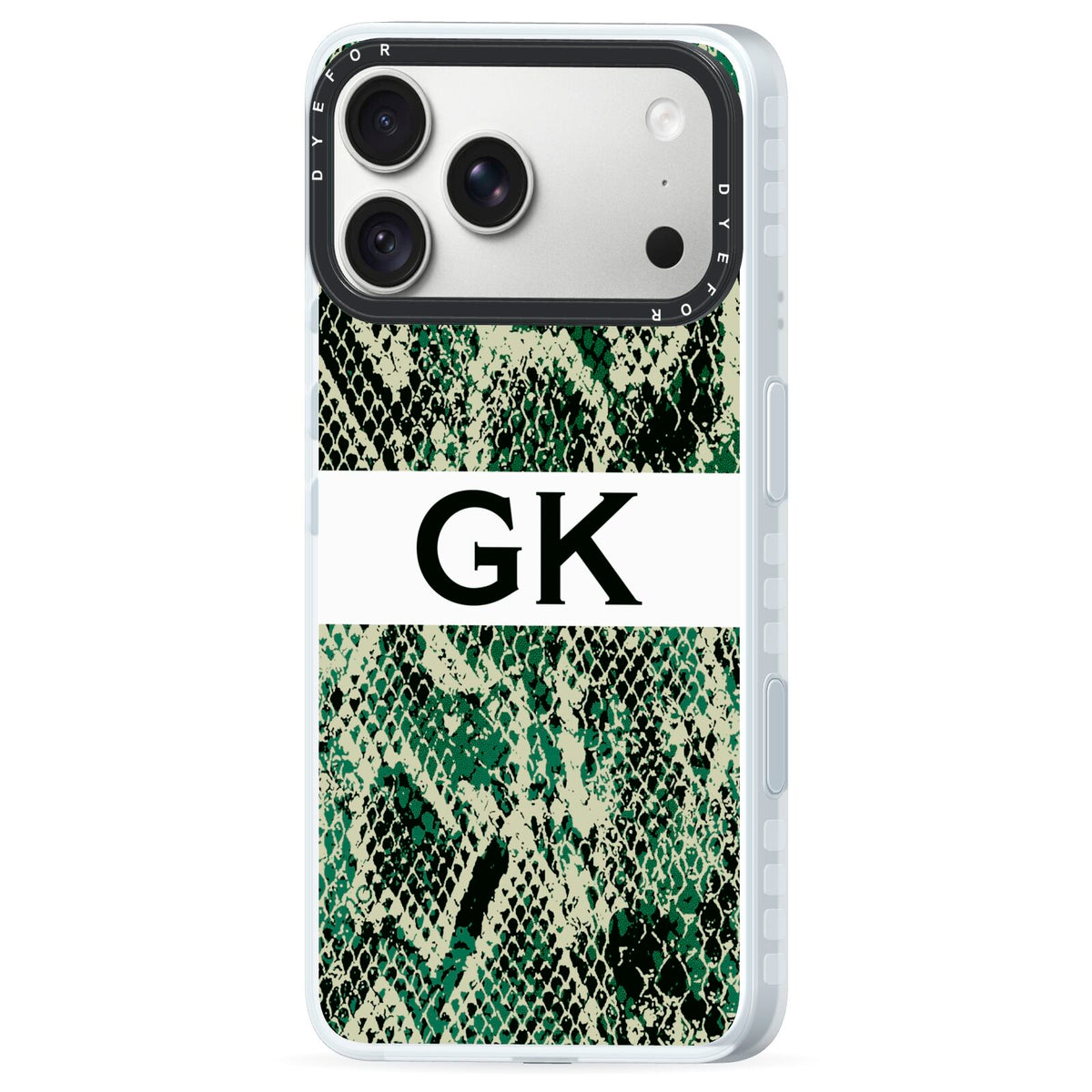 Custom Snakeskin Effect iPhone 18 Pro Black Impact Pre order Case Side Angle on Silver phone