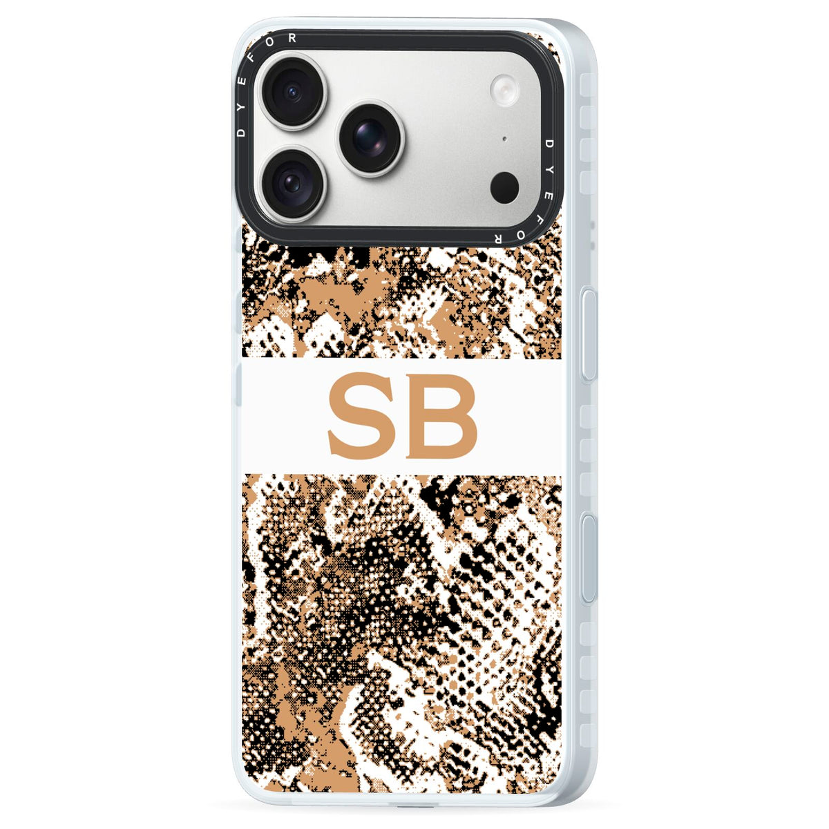 Custom Tan Snakeskin iPhone 18 Pro Black Impact Pre order Case Side Angle on Silver phone