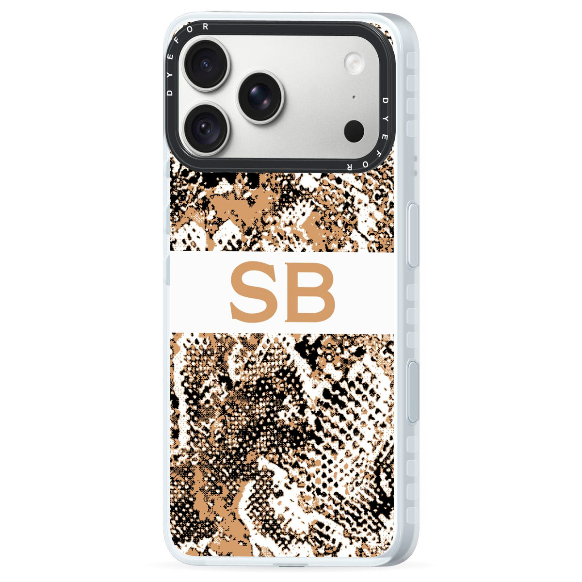 Custom Tan Snakeskin iPhone 18 Pro Max Black Impact Pre order Case Side Angle on Silver phone