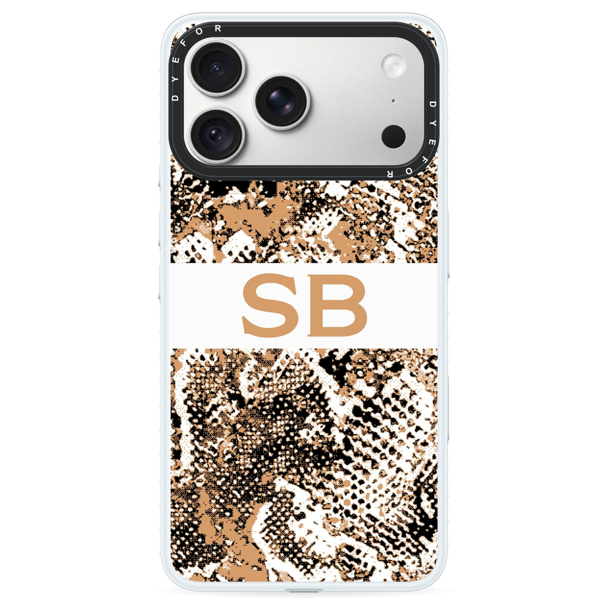 Custom Tan Snakeskin iPhone 18 Pro Max Black Impact Pre order Case on Silver phone