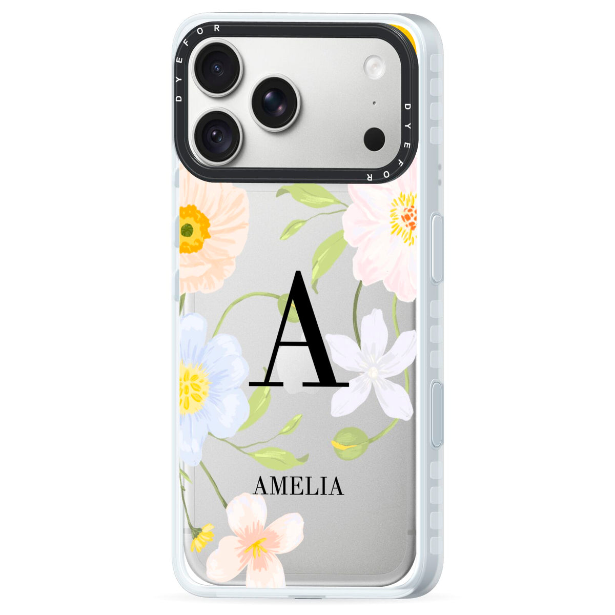 Customised Floral iPhone 18 Pro Black Impact Pre order Case Side Angle on Silver phone