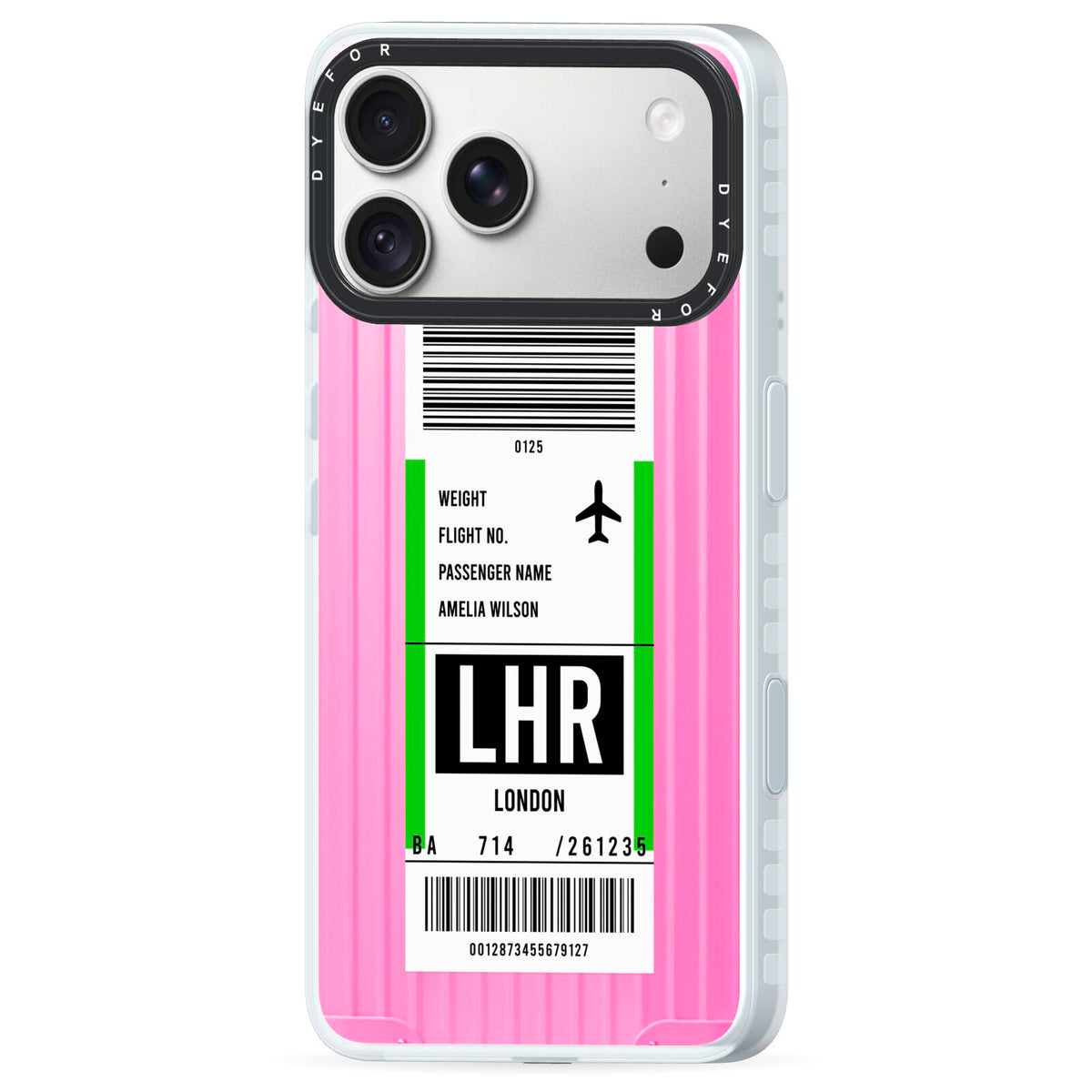 Customised Luggage Tag iPhone 18 Pro Black Impact Pre order Case Side Angle on Silver phone