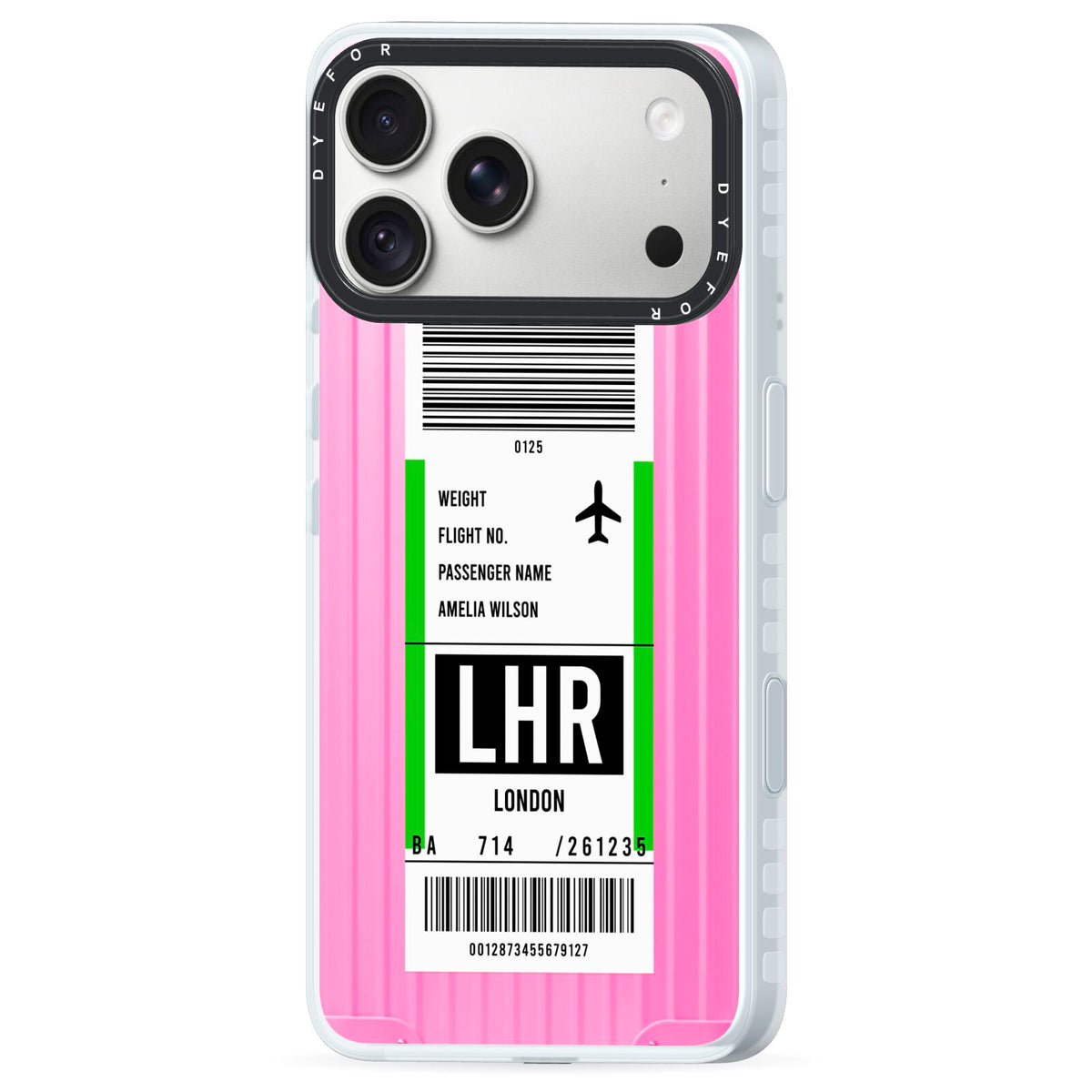 Customised Luggage Tag iPhone 18 Pro Max Black Impact Pre order Case Side Angle on Silver phone