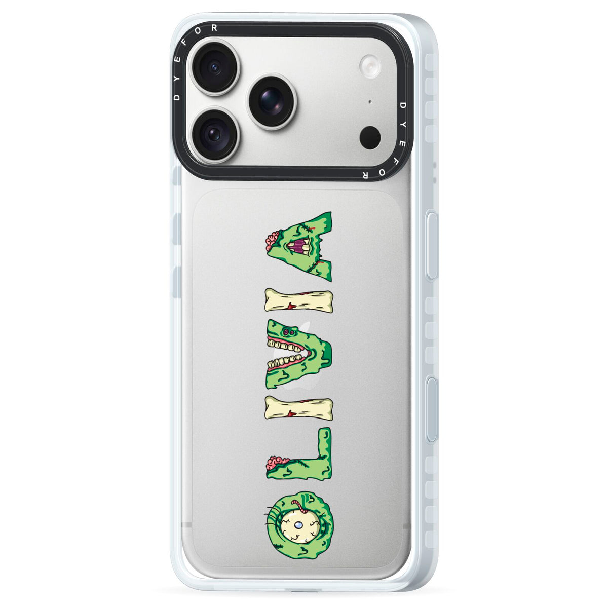 Customised Name Zombie iPhone 18 Pro Black Impact Pre order Case Side Angle on Silver phone