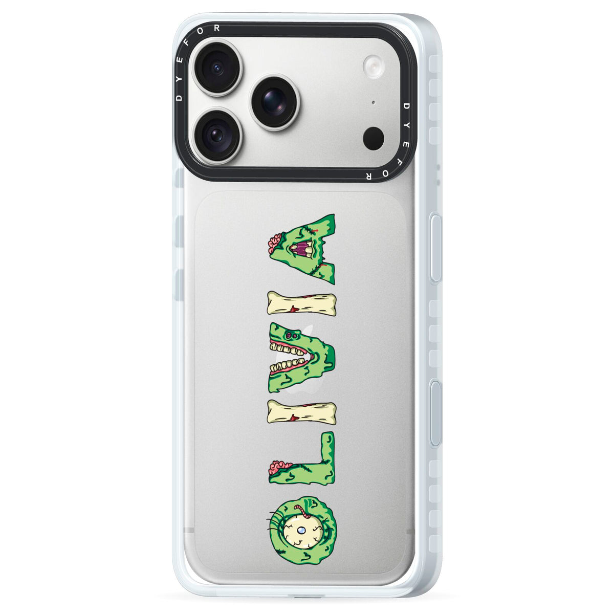 Customised Name Zombie iPhone 18 Pro Max Black Impact Pre order Case Side Angle on Silver phone