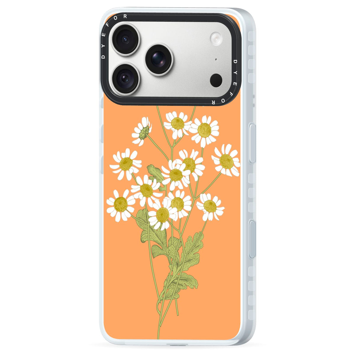 Daisies iPhone 18 Pro Black Impact Pre order Case Side Angle on Silver phone