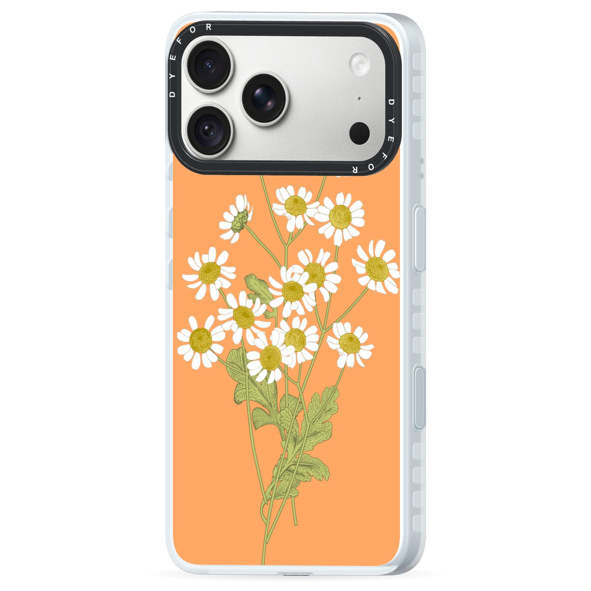 Daisies iPhone 18 Pro Max Black Impact Pre order Case Side Angle on Silver phone