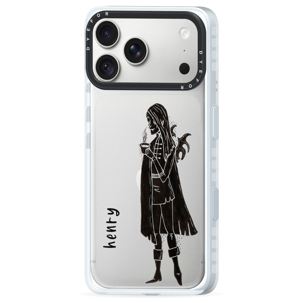 Dark Caped Vamp iPhone 18 Pro Black Impact Pre order Case Side Angle on Silver phone