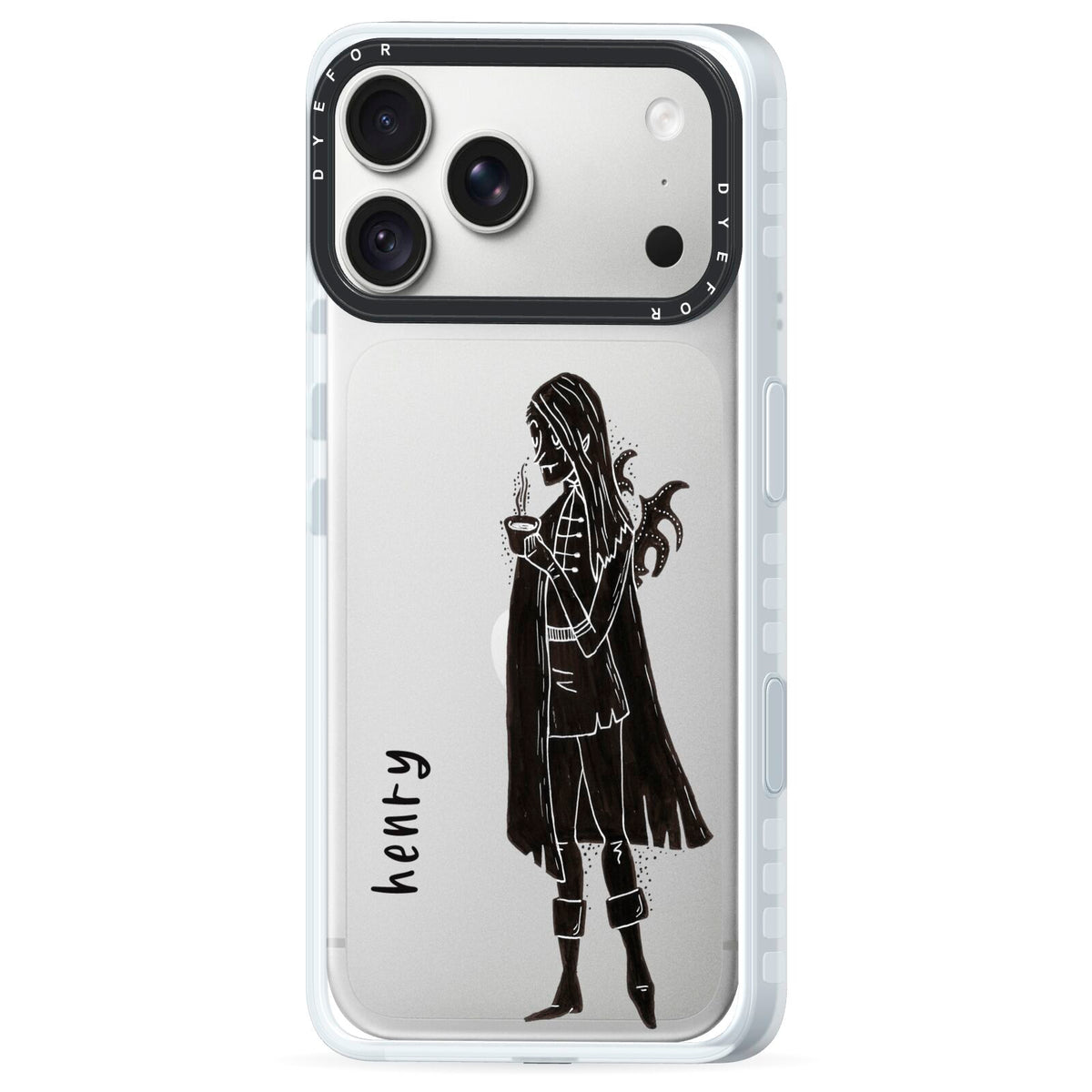 Dark Caped Vamp iPhone 18 Pro Max Black Impact Pre order Case Side Angle on Silver phone