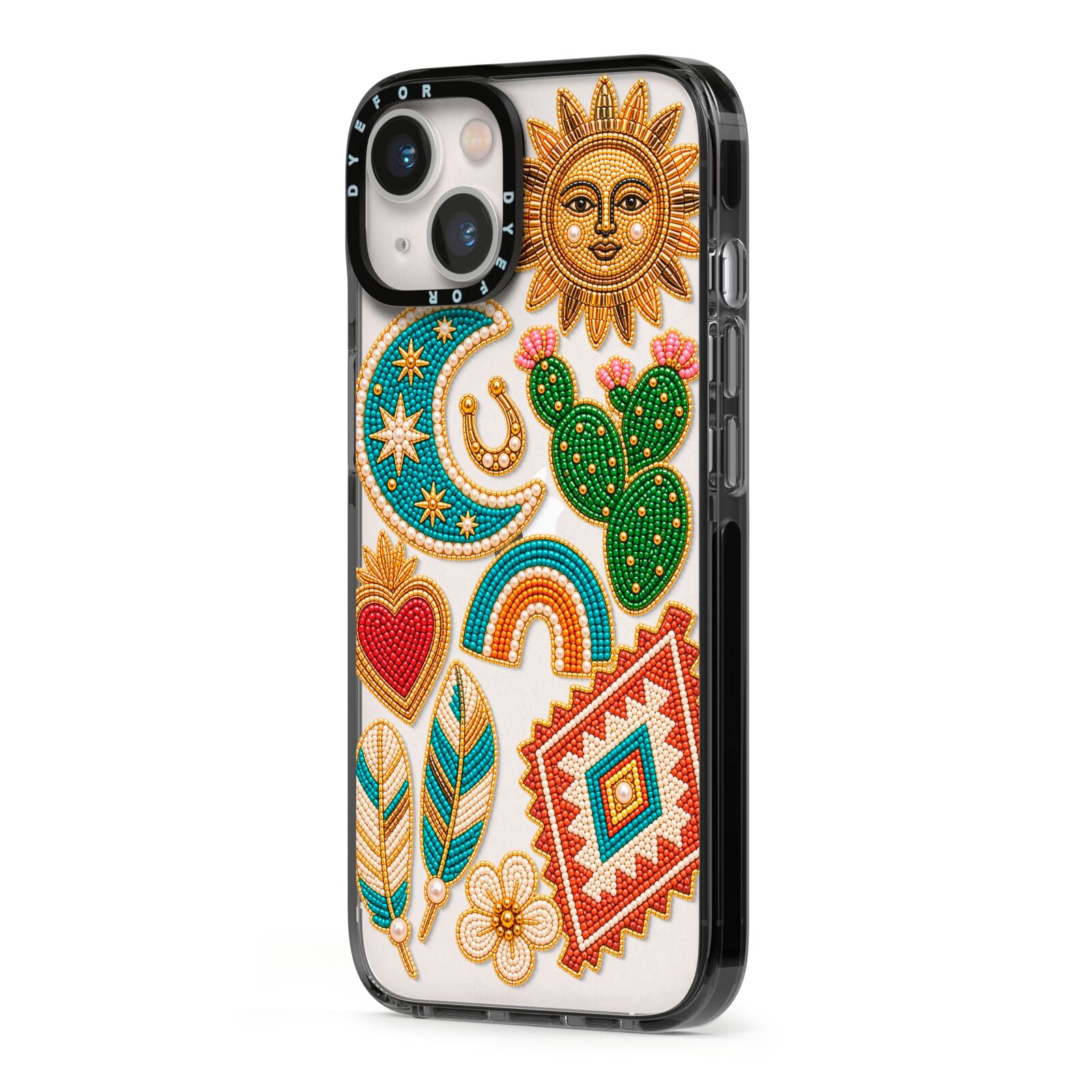 Desert Daydream Charms iPhone 13 Black Impact Case Side Angle on Silver phone