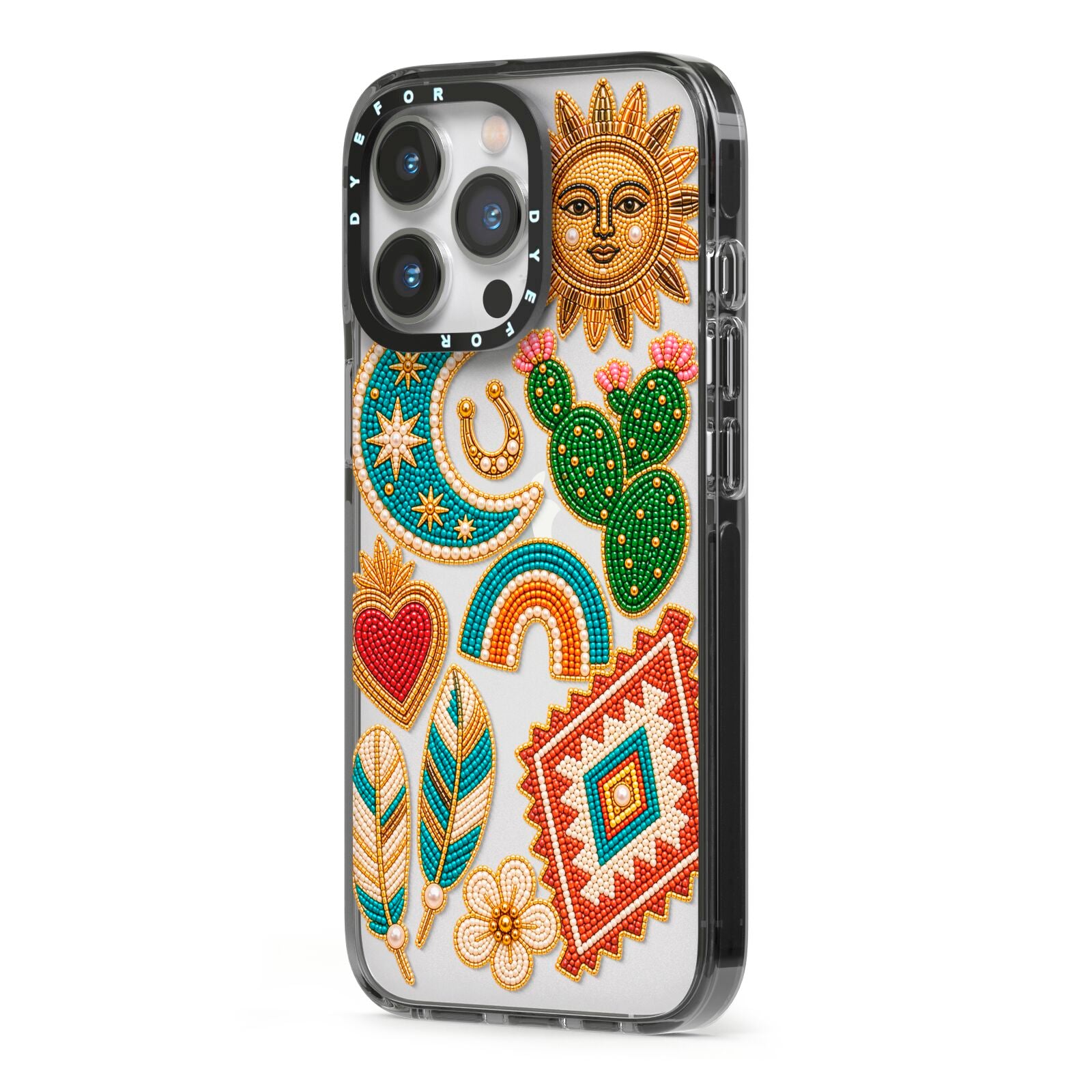 Desert Daydream Charms iPhone 13 Pro Black Impact Case Side Angle on Silver phone