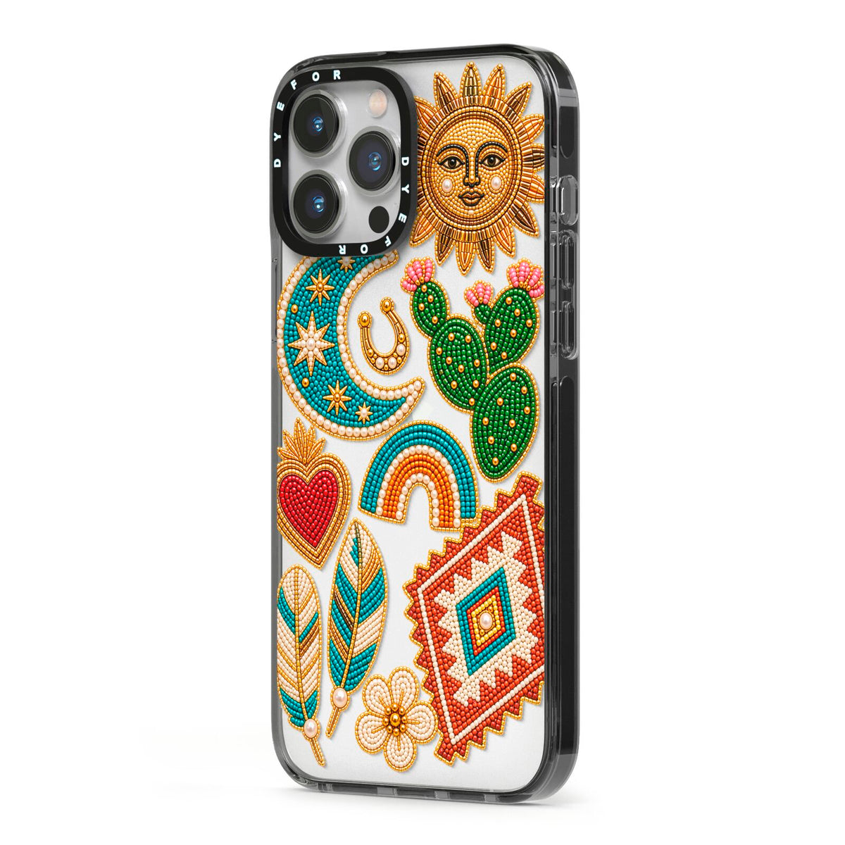 Desert Daydream Charms iPhone 13 Pro Max Black Impact Case Side Angle on Silver phone