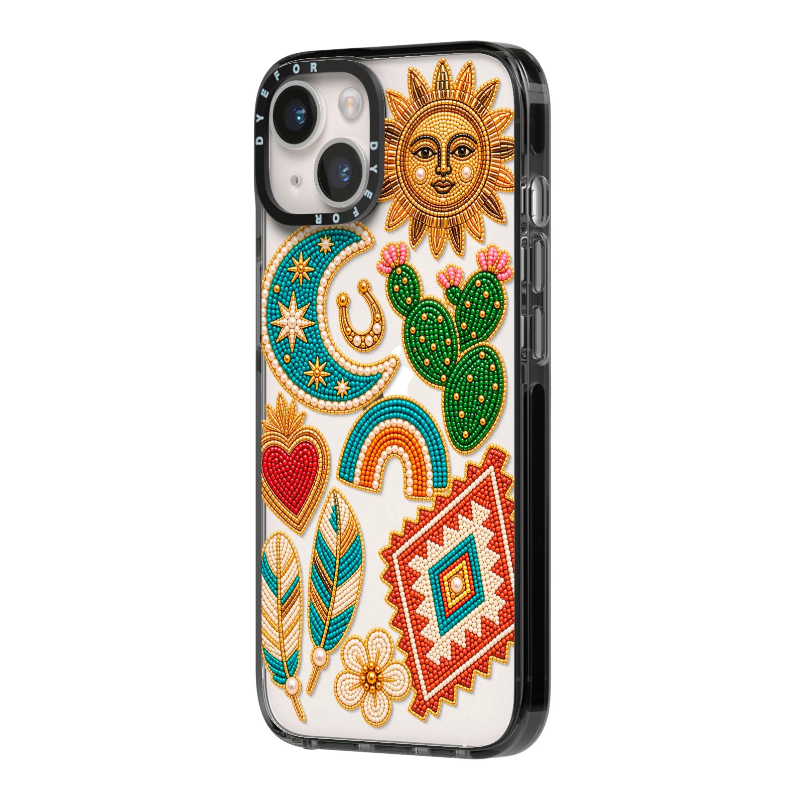 Desert Daydream Charms iPhone 14 Black Impact Case Side Angle on Silver phone