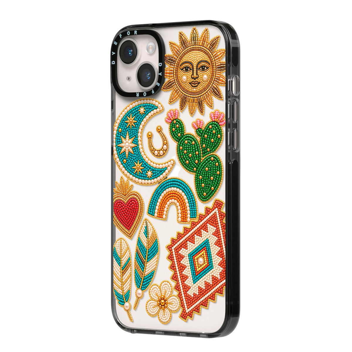 Desert Daydream Charms iPhone 14 Plus Black Impact Case Side Angle on Silver phone