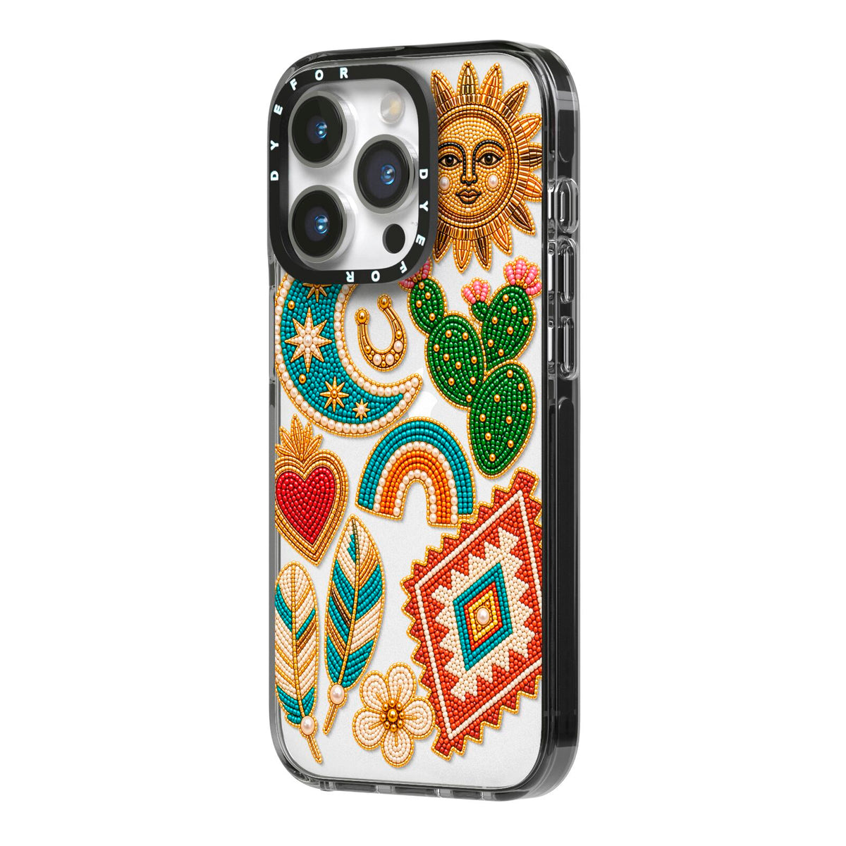Desert Daydream Charms iPhone 14 Pro Black Impact Case Side Angle on Silver phone