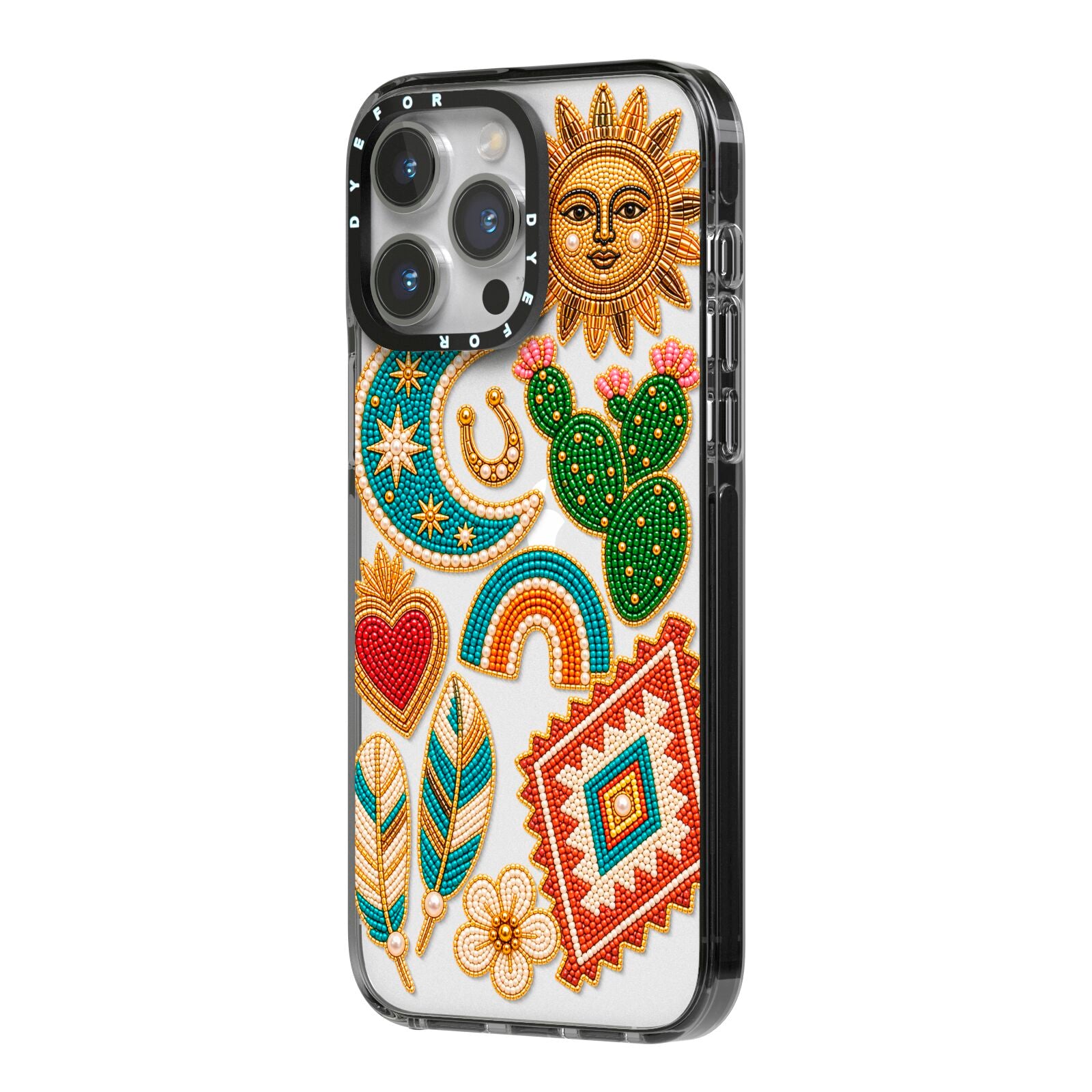 Desert Daydream Charms iPhone 14 Pro Max Black Impact Case Side Angle on Silver phone