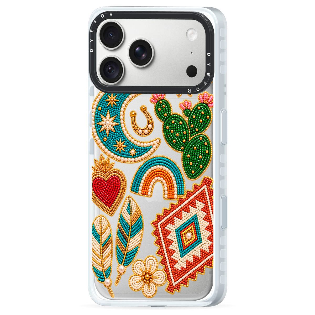Desert Daydream Charms iPhone 18 Pro Black Impact Pre order Case Side Angle on Silver phone