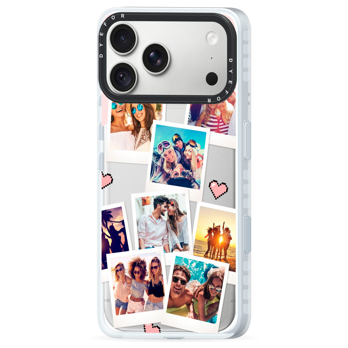 Digital Hearts Photo Upload with Text iPhone 18 Pro Black Impact Pre order Case Side Angle on Silver phone