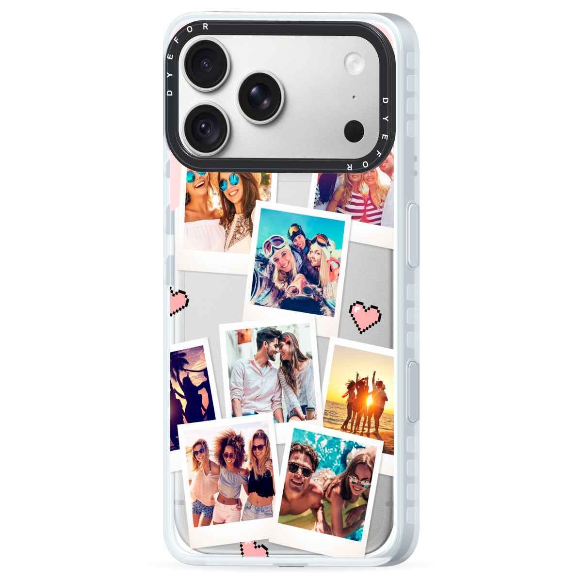 Digital Hearts Photo Upload with Text iPhone 18 Pro Max Black Impact Pre order Case Side Angle on Silver phone