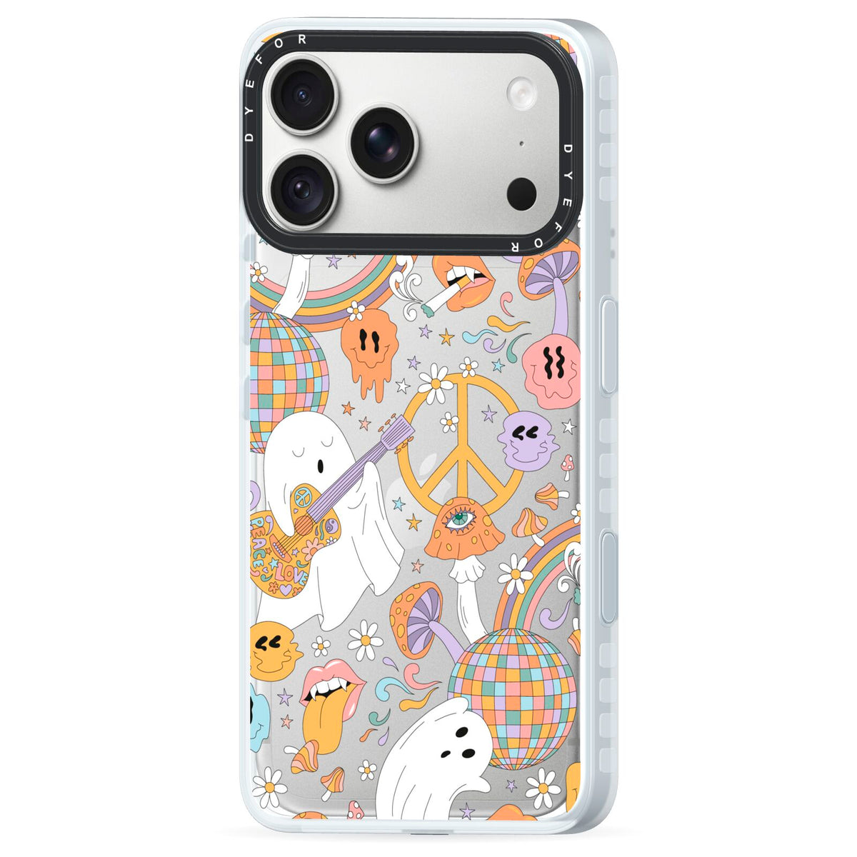 Disco Ghosts iPhone 18 Pro Black Impact Pre order Case Side Angle on Silver phone