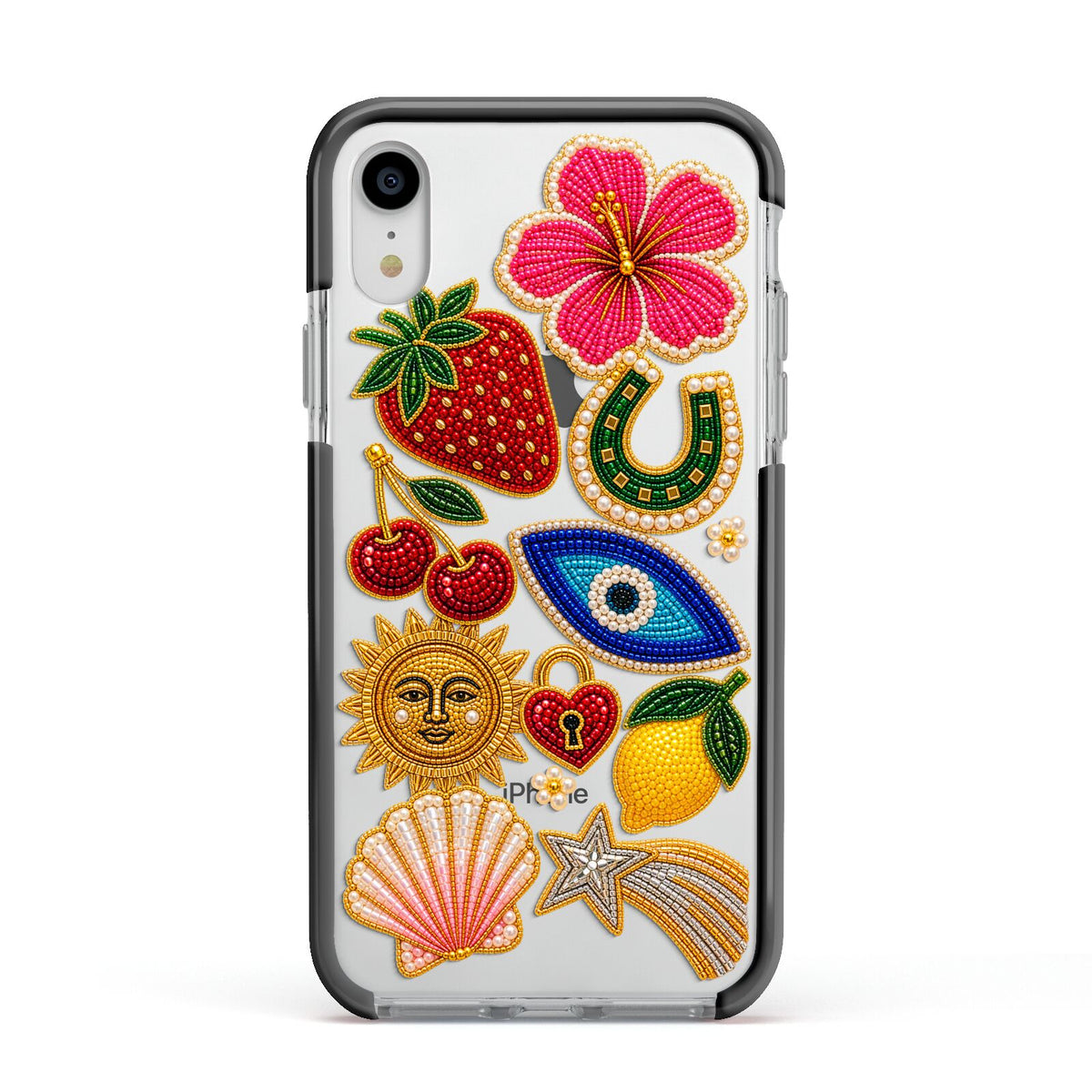 Dolce Fortune Charms Apple iPhone XR Impact Case Black Edge on Silver Phone