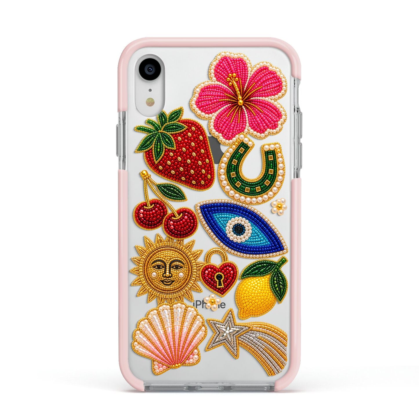 Dolce Fortune Charms Apple iPhone XR Impact Case Pink Edge on Silver Phone