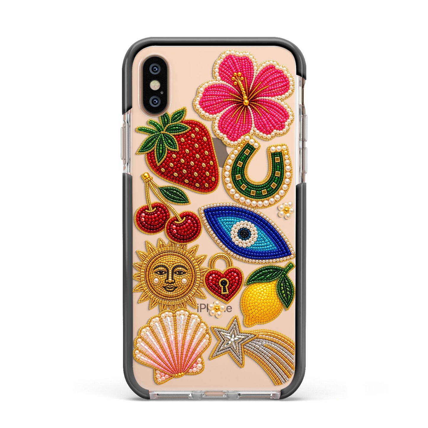 Dolce Fortune Charms Apple iPhone Xs Impact Case Black Edge on Gold Phone