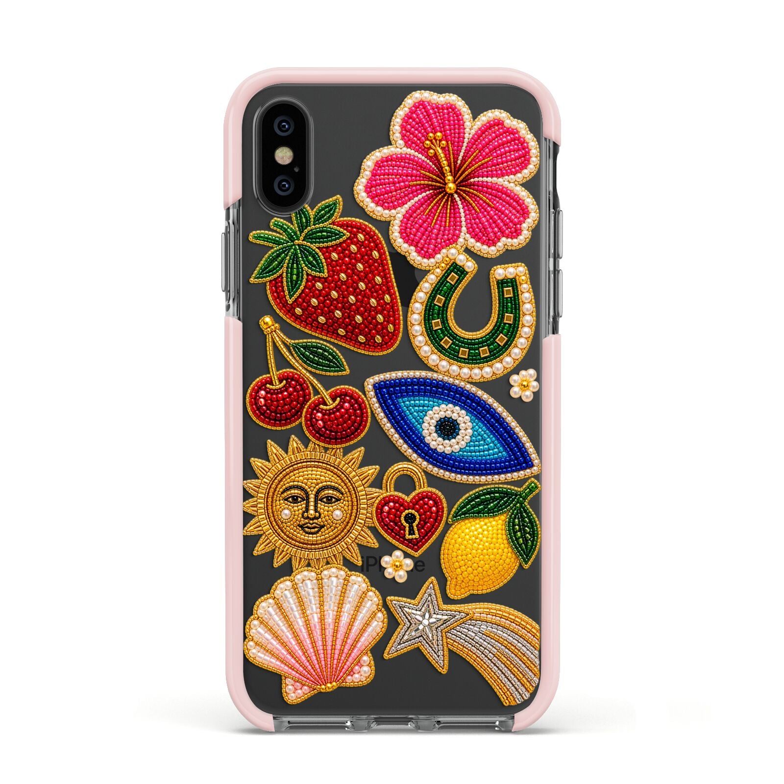 Dolce Fortune Charms Apple iPhone Xs Impact Case Pink Edge on Black Phone