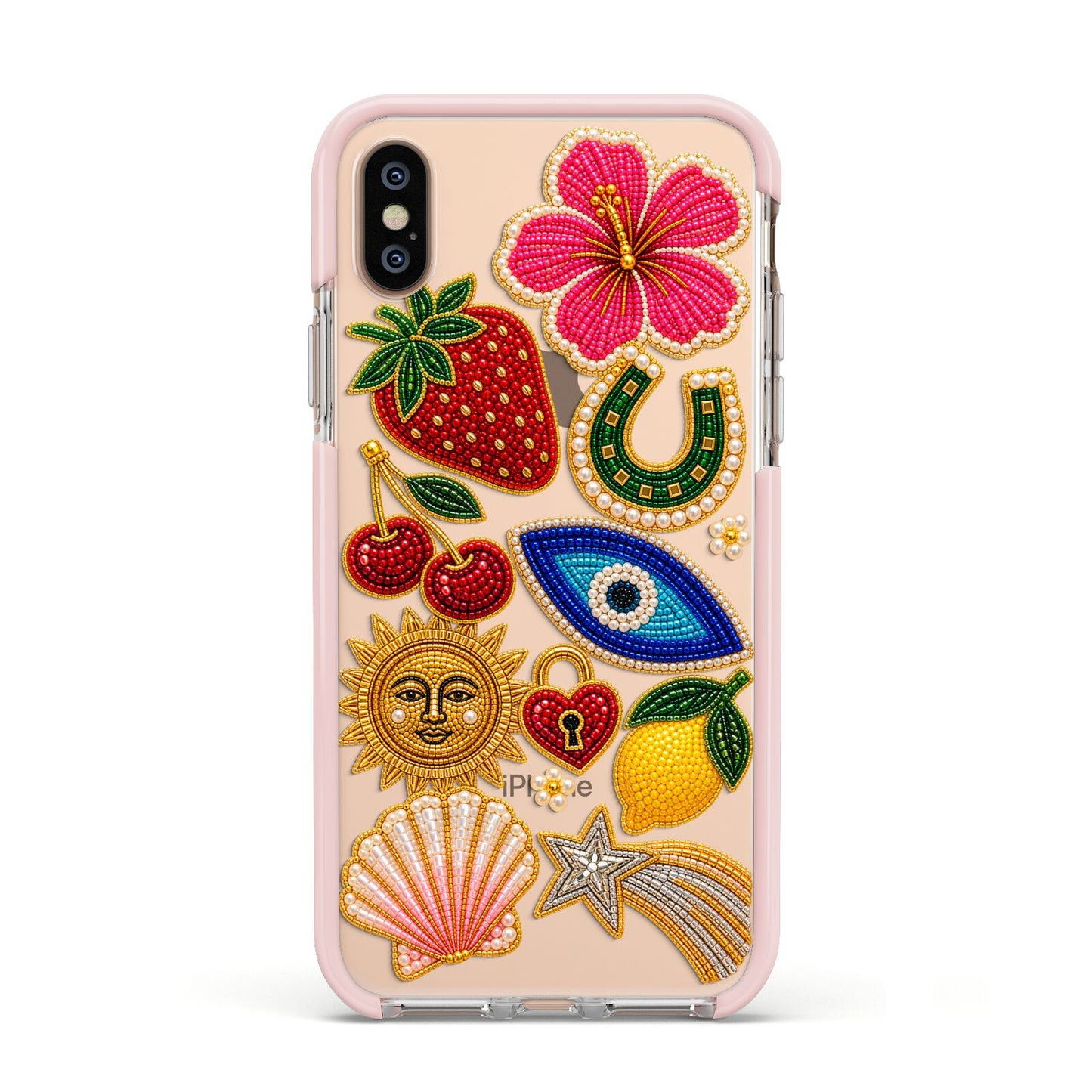 Dolce Fortune Charms Apple iPhone Xs Impact Case Pink Edge on Gold Phone