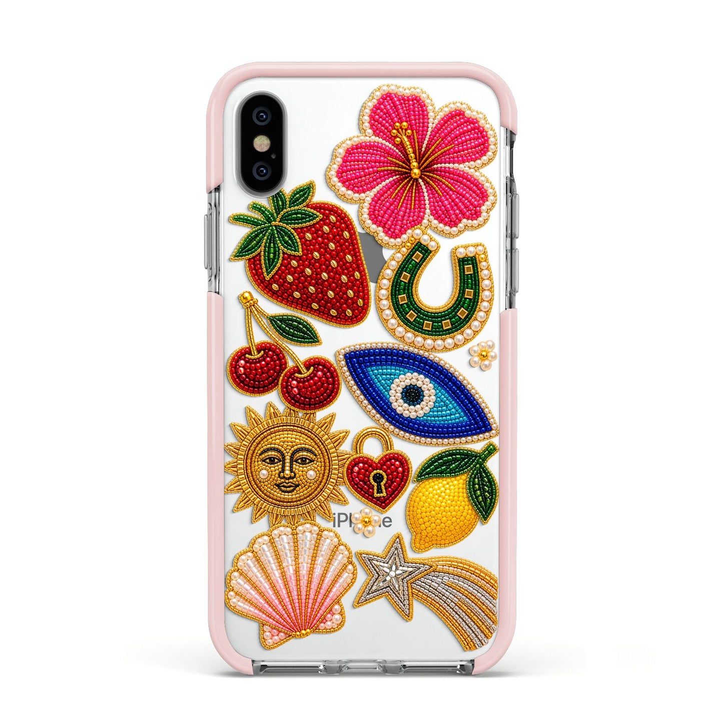 Dolce Fortune Charms Apple iPhone Xs Impact Case Pink Edge on Silver Phone