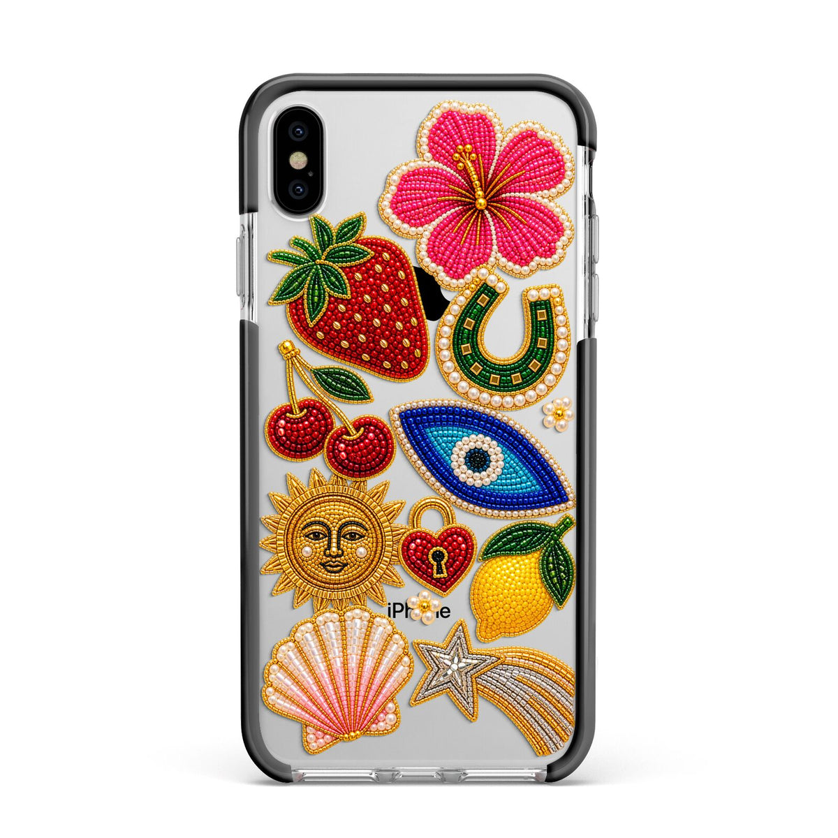 Dolce Fortune Charms Apple iPhone Xs Max Impact Case Black Edge on Silver Phone