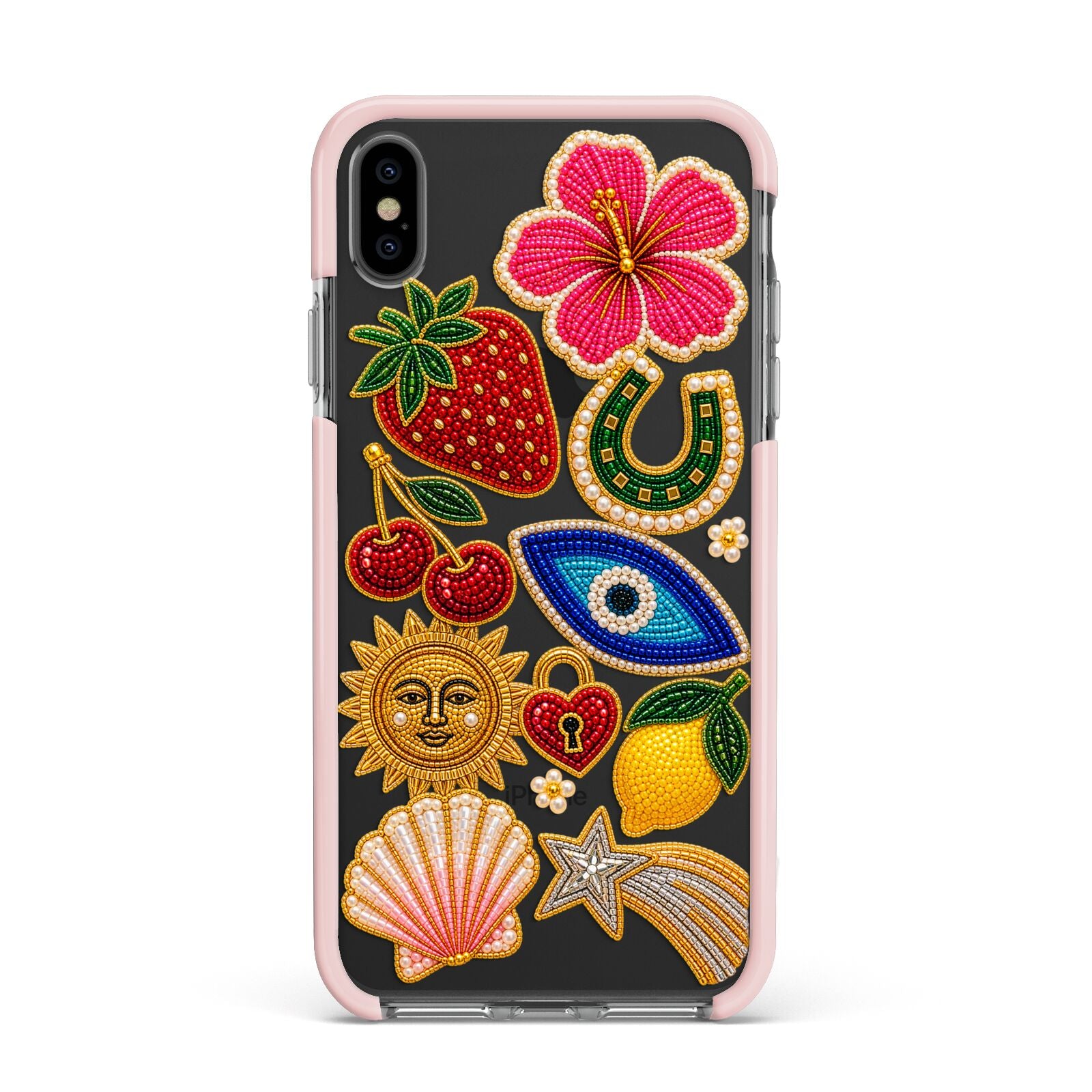 Dolce Fortune Charms Apple iPhone Xs Max Impact Case Pink Edge on Black Phone
